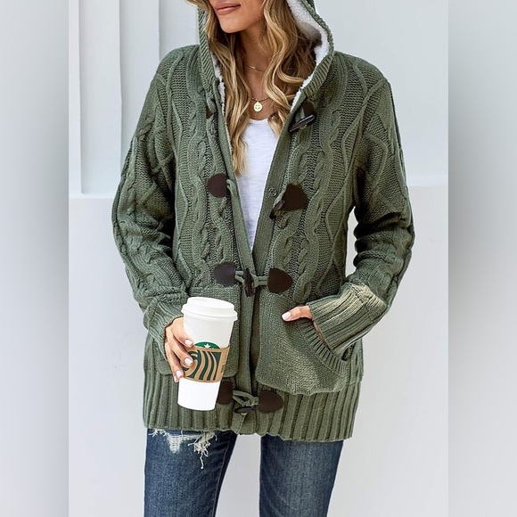 Sidefeel Jackets & Blazers - Sidefeel Hooded Cable Knit Cardigan Sherpa Lined Toggle Coat Green Size Large